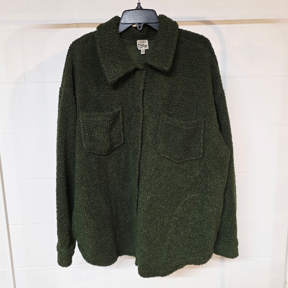 Como Vintage Womens Forest Green Sherpa Fleece Shacket Snap‎ Front Plus Size 3X